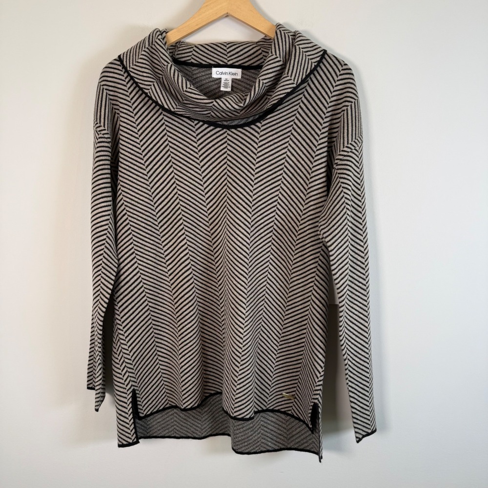 NEW Calvin Klein Chevron Cowl Neck Pullover Sweater Small Beige Black Career NWT